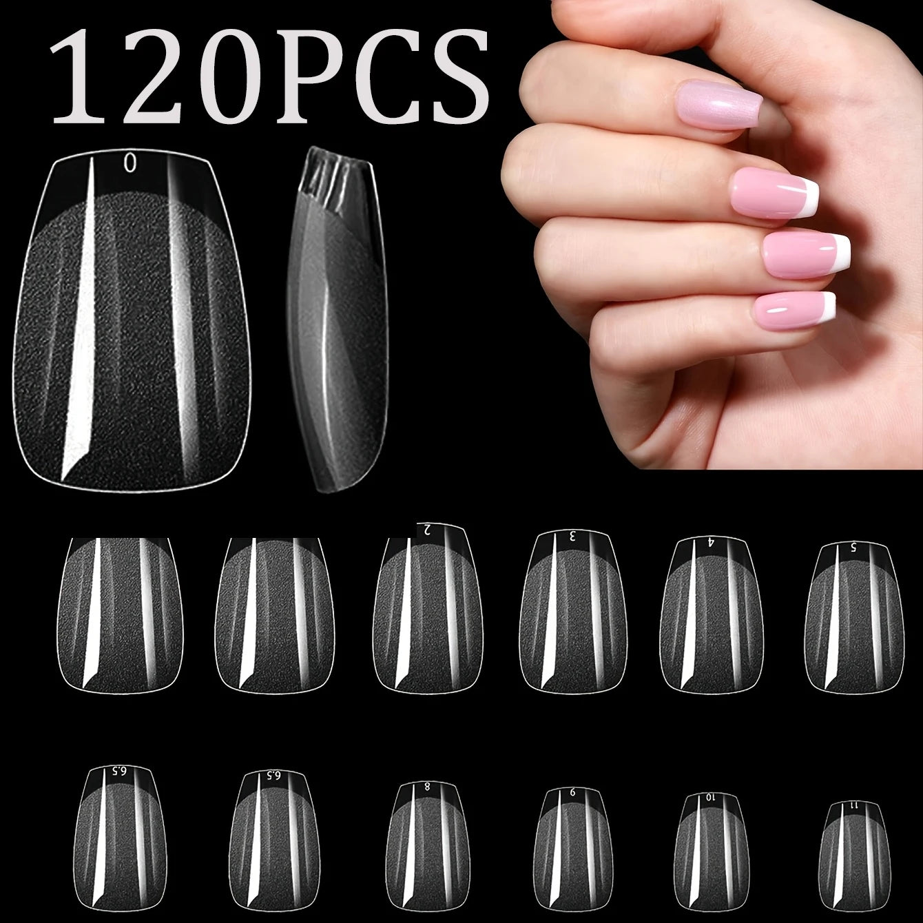 120Pcs Long Clear Various Size Nail Tips for Acrylic Nails