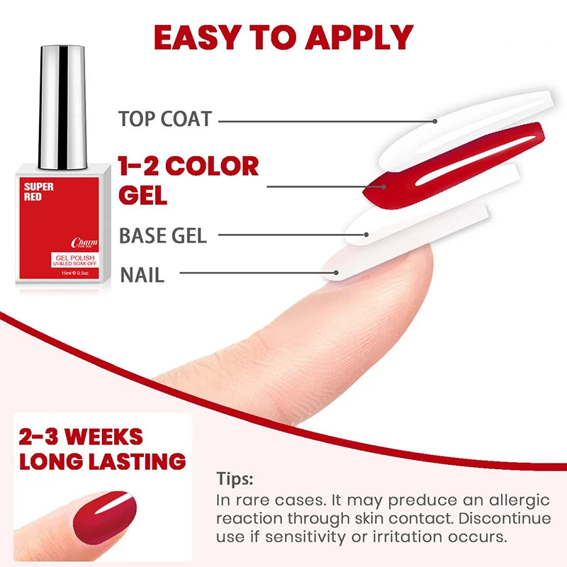 Charm 15ml Classic Gel Nail Polish Vibrant Black, White, and Red Shades