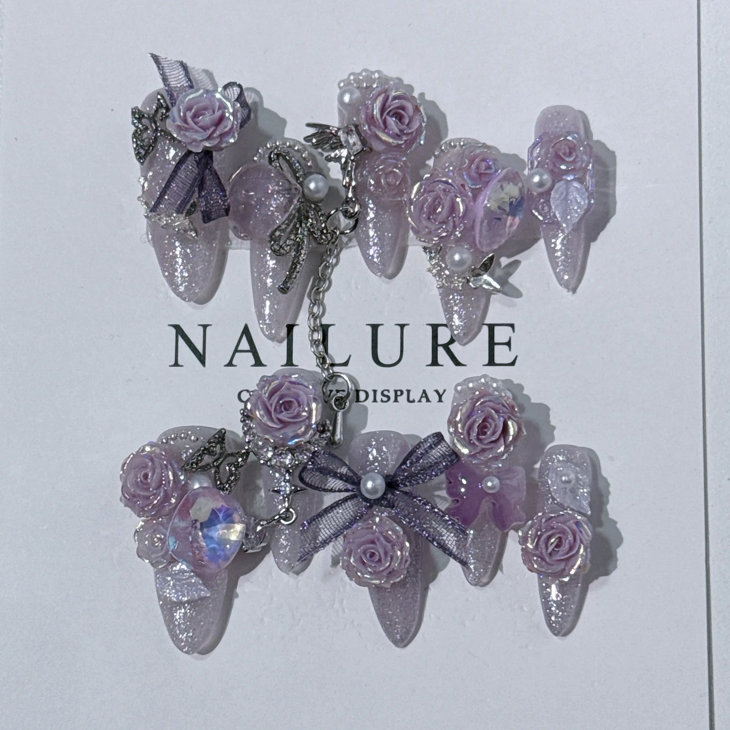 Purple Handmade Nails 3D Flower Butterfly Designs Long Ballerina Press on Nails with Rhinestones