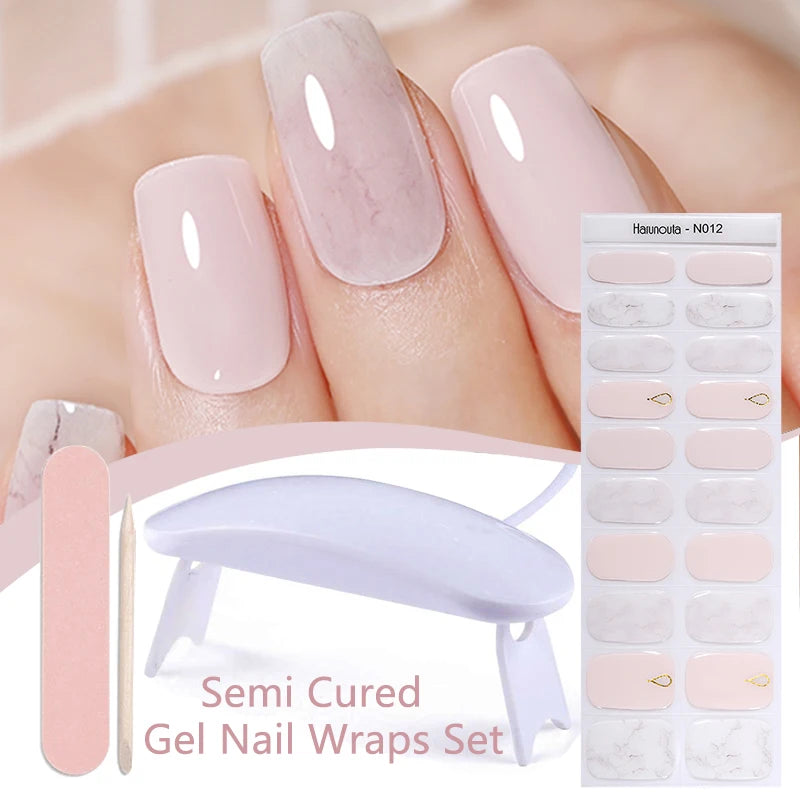 Harunouta 4pcs/set French Semi Cured Gel Nail Strips with Nail Lamp
