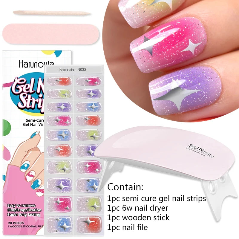 4pcs/set Sparkling Semi Cured Gel Nail Strips with Nail Dry Holographics