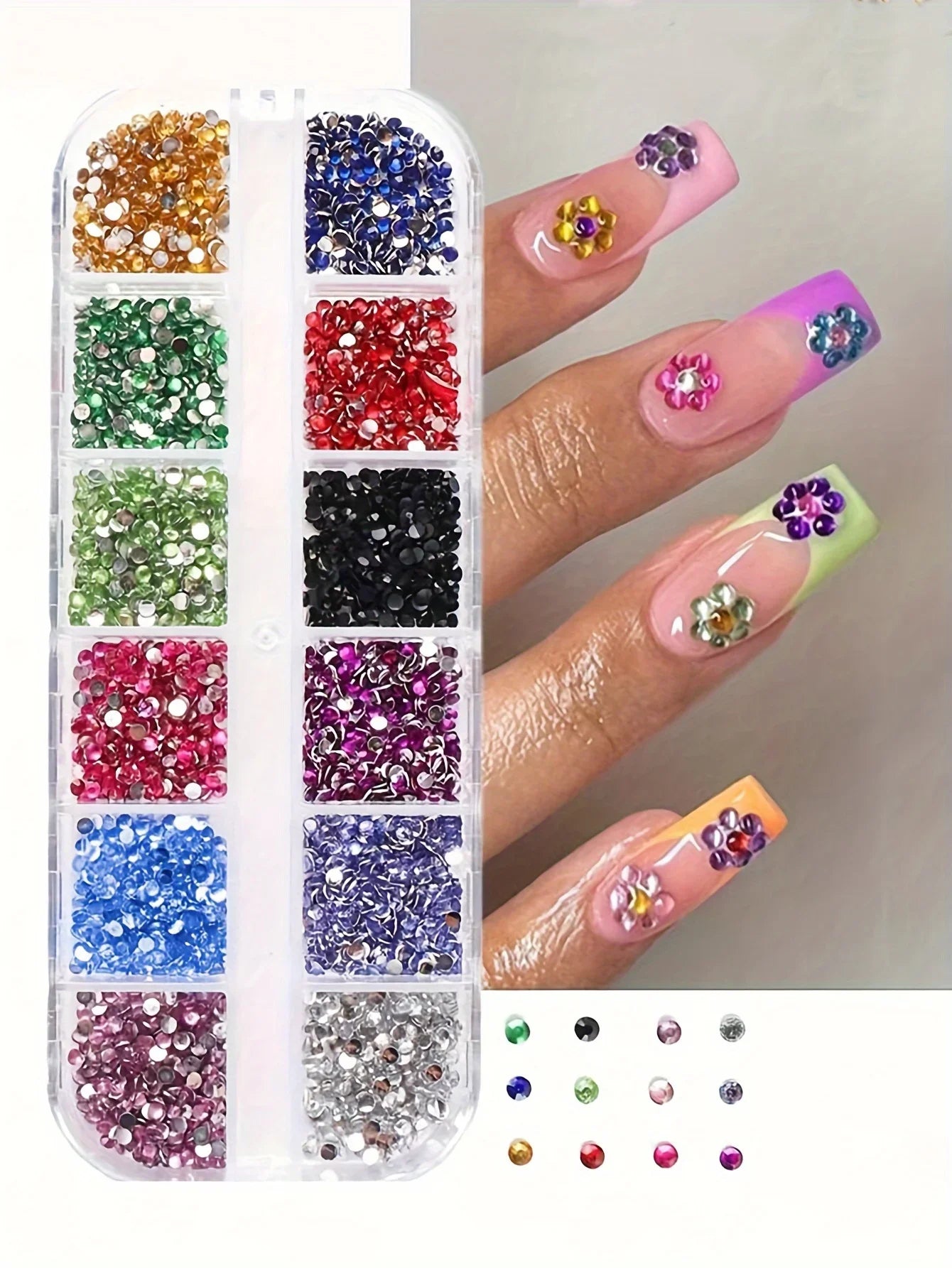 12 Grid Shimmering Crystal Nail Art Rhinestones/Flatback Colorful Gemstones