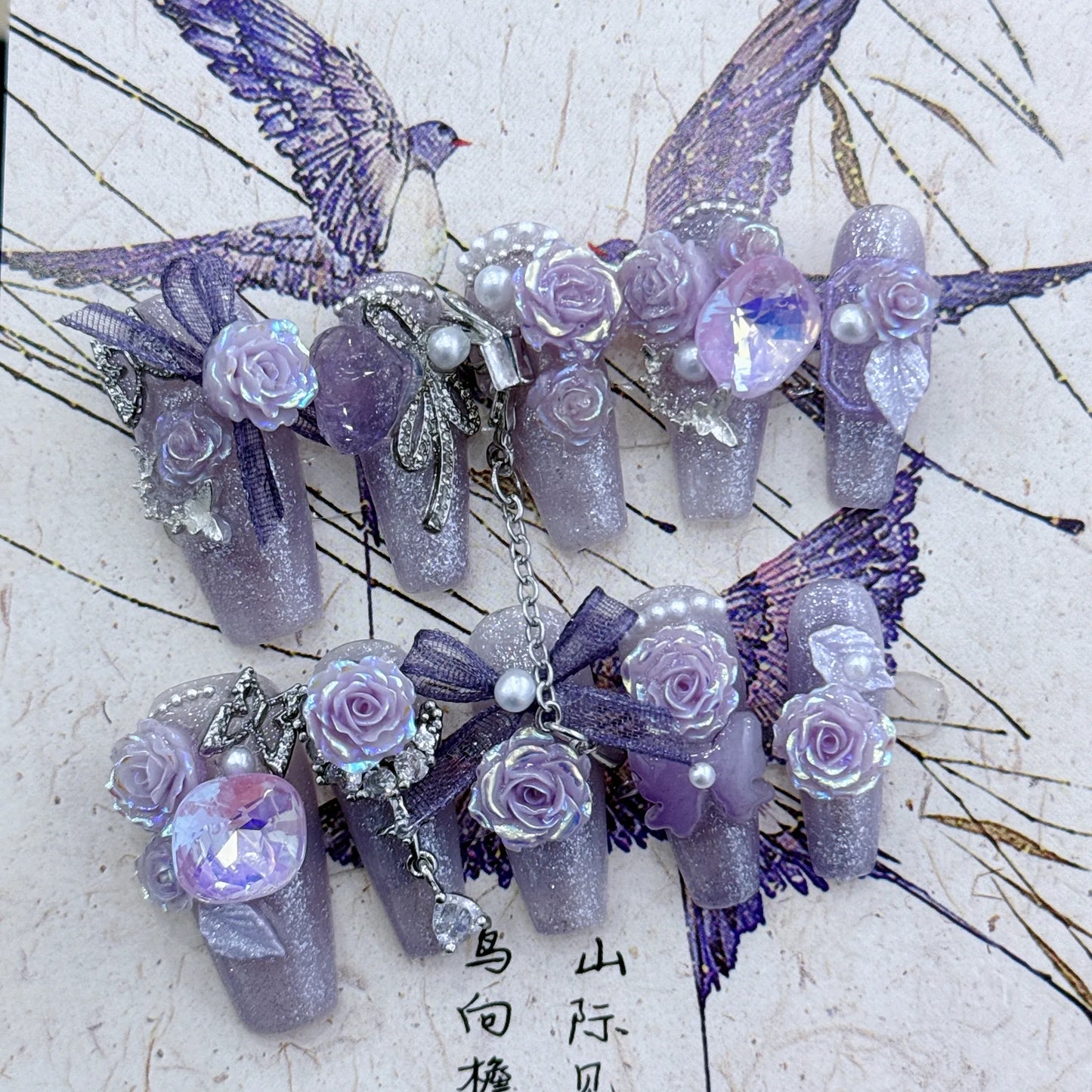 Purple Handmade Nails 3D Flower Butterfly Designs Long Ballerina Press on Nails with Rhinestones