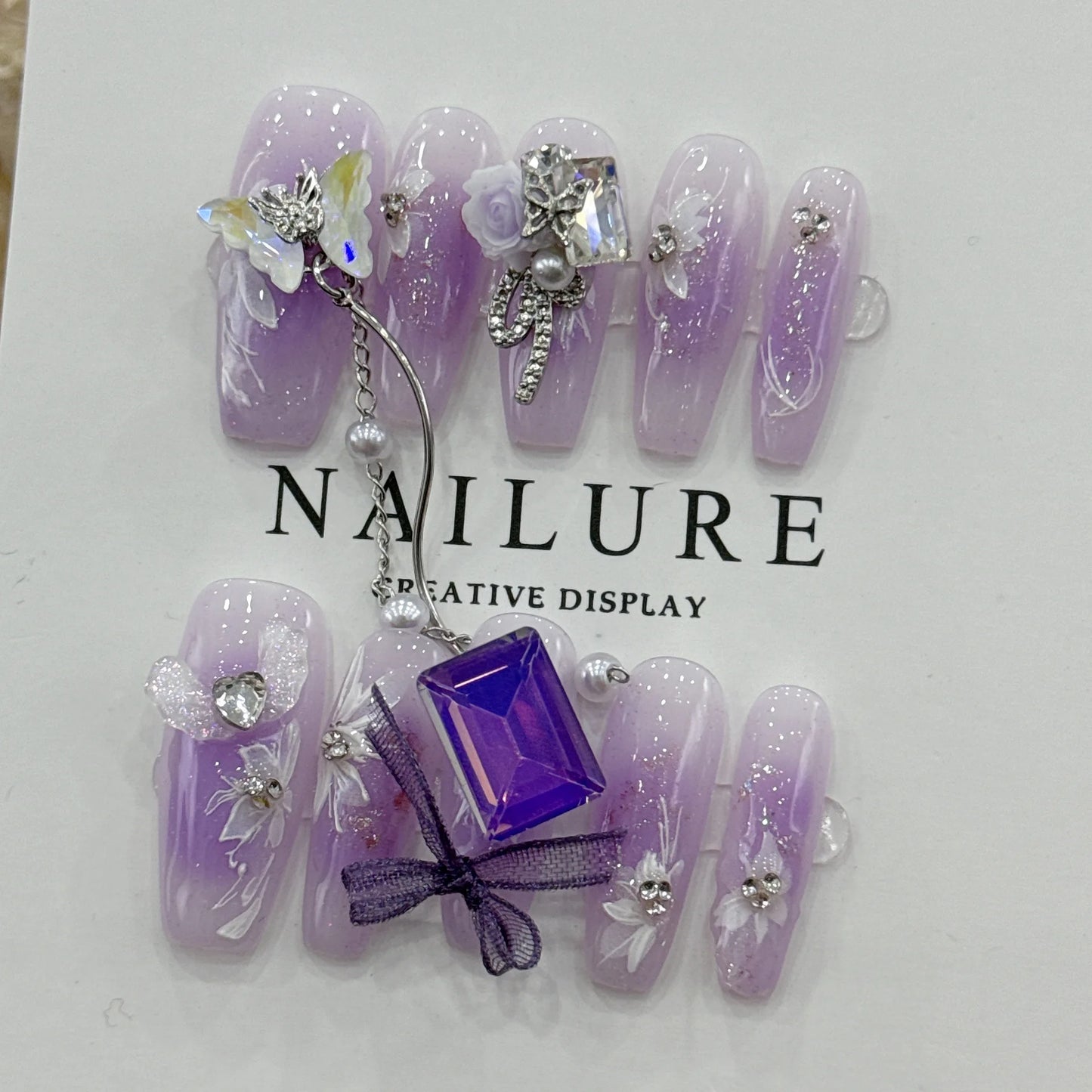 Purple Handmade Nails 3D Flower Butterfly Designs Long Ballerina Press on Nails with Rhinestones