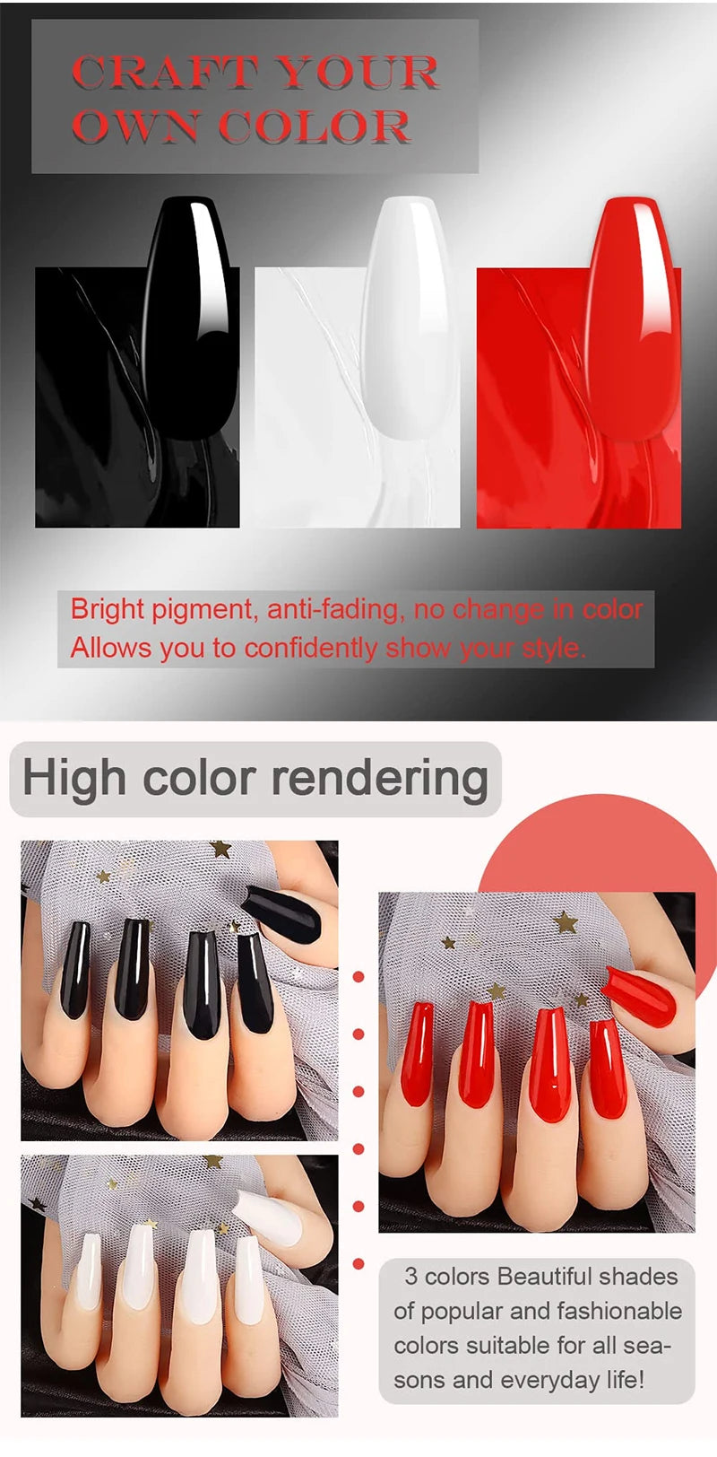 Charm 15ml Classic Gel Nail Polish Vibrant Black, White, and Red Shades