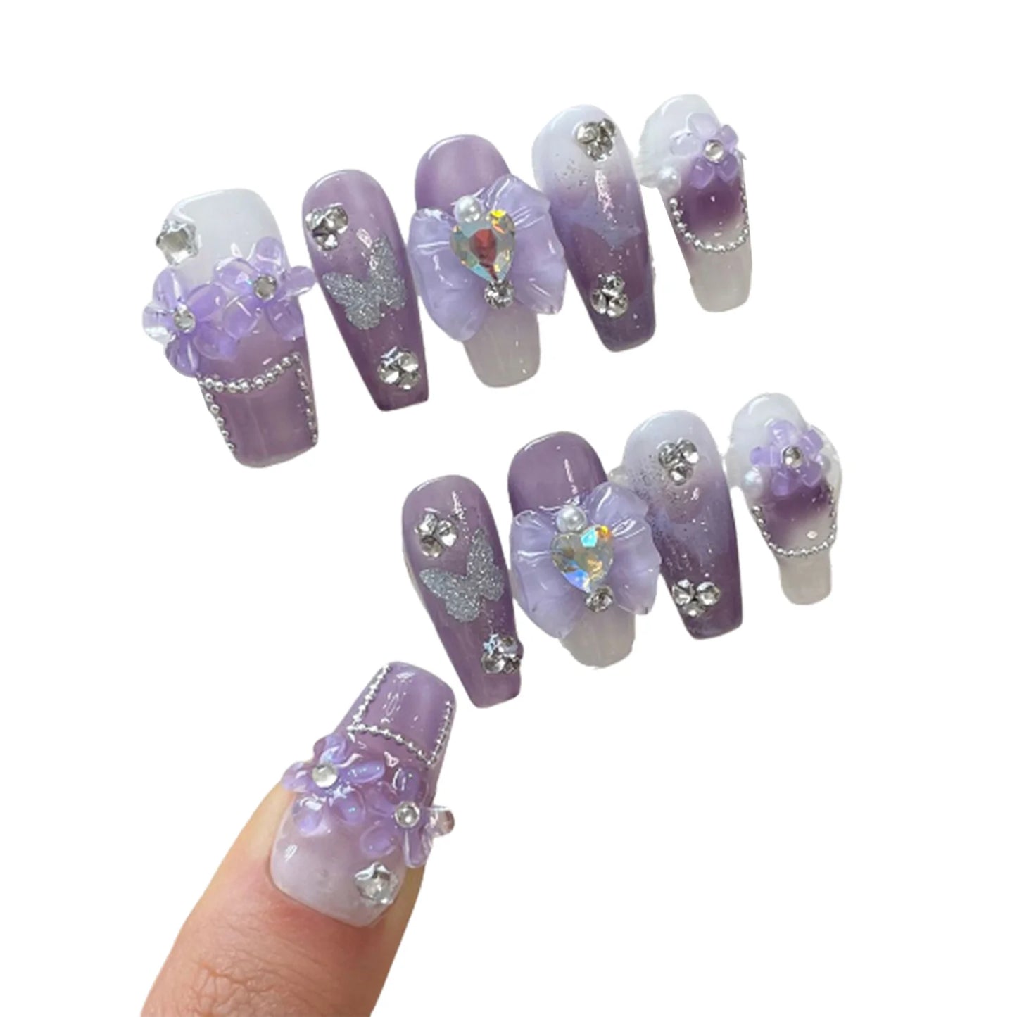 Purple Handmade Nails 3D Flower Butterfly Designs Long Ballerina Press on Nails with Rhinestones