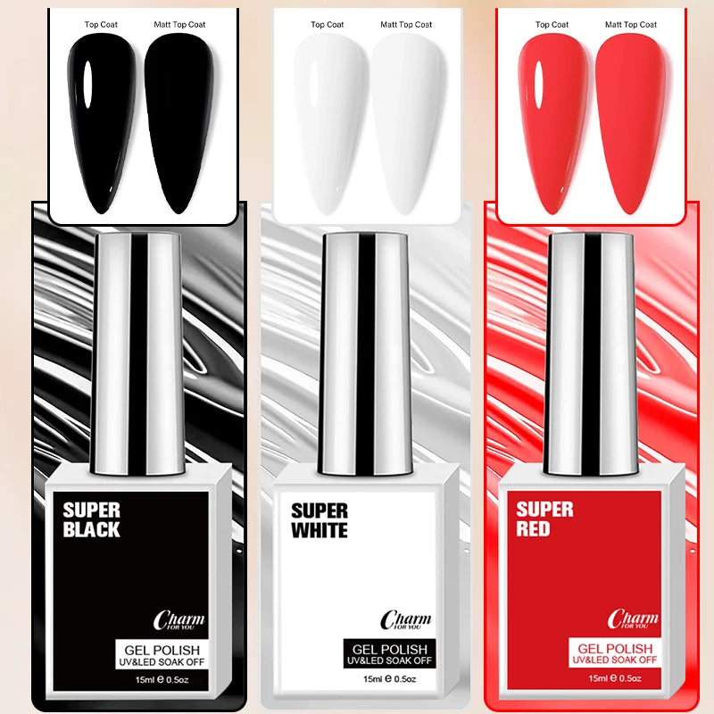 Charm 15ml Classic Gel Nail Polish Vibrant Black, White, and Red Shades
