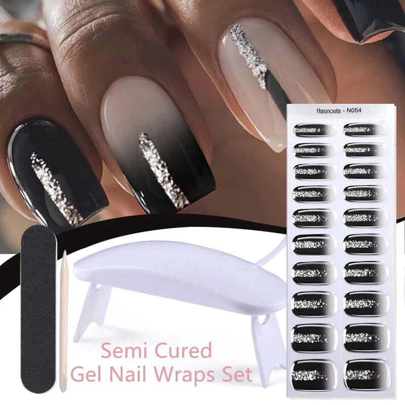 Harunouta 4pcs/set French Semi Cured Gel Nail Strips with Nail Lamp