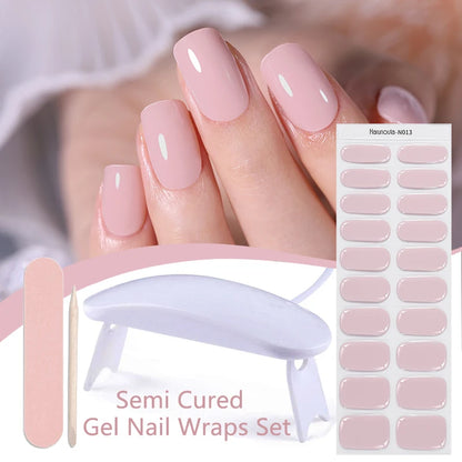 Harunouta 4pcs/set French Semi Cured Gel Nail Strips with Nail Lamp