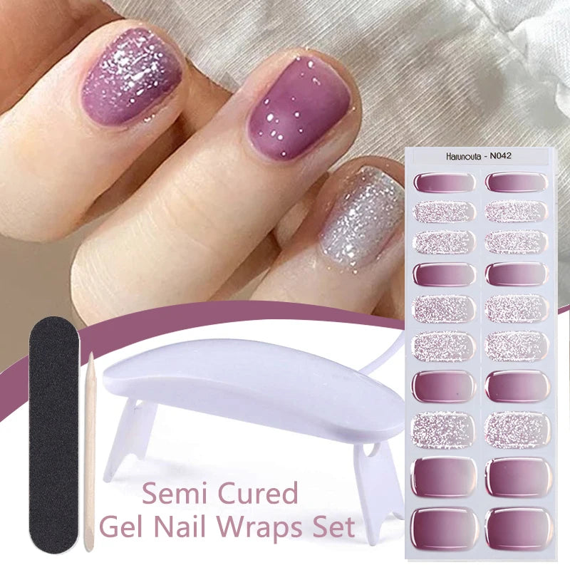 Harunouta 4pcs/set French Semi Cured Gel Nail Strips with Nail Lamp