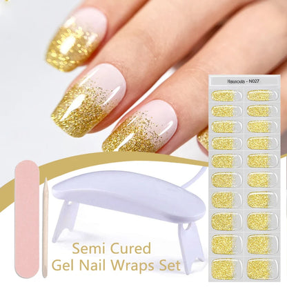 Harunouta 4pcs/set French Semi Cured Gel Nail Strips with Nail Lamp