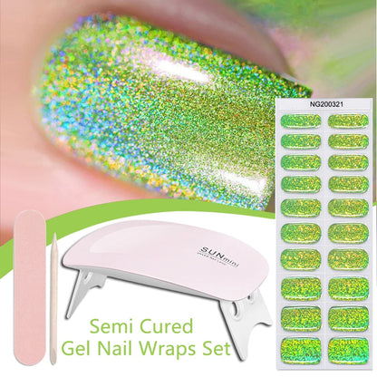 4pcs/set Sparkling Semi Cured Gel Nail Strips with Nail Dry Holographics