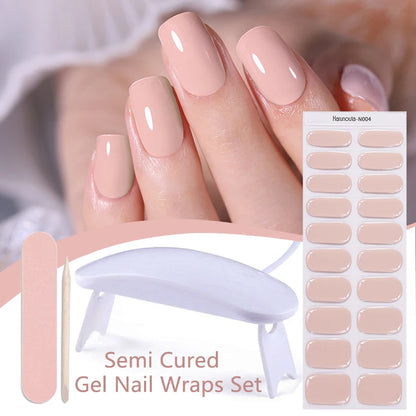 Harunouta 4pcs/set French Semi Cured Gel Nail Strips with Nail Lamp