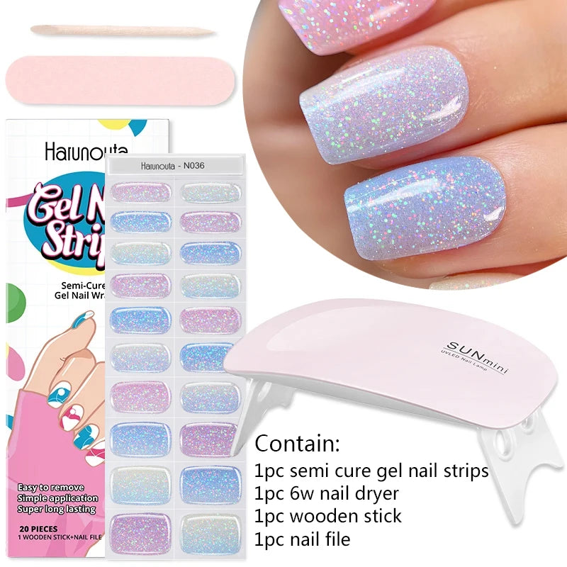 4pcs/set Sparkling Semi Cured Gel Nail Strips with Nail Dry Holographics