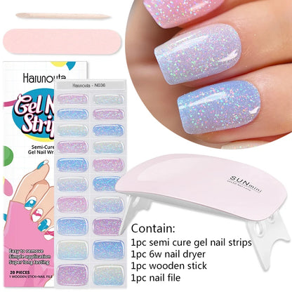 4pcs/set Sparkling Semi Cured Gel Nail Strips with Nail Dry Holographics