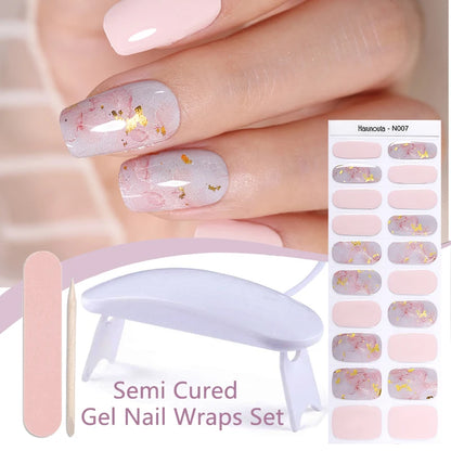 Harunouta 4pcs/set French Semi Cured Gel Nail Strips with Nail Lamp