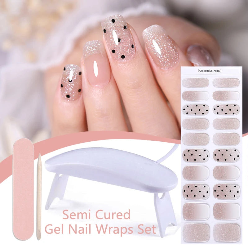 Harunouta 4pcs/set French Semi Cured Gel Nail Strips with Nail Lamp