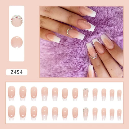 24Pc Simple French Medium length False Nails with Rhinestone