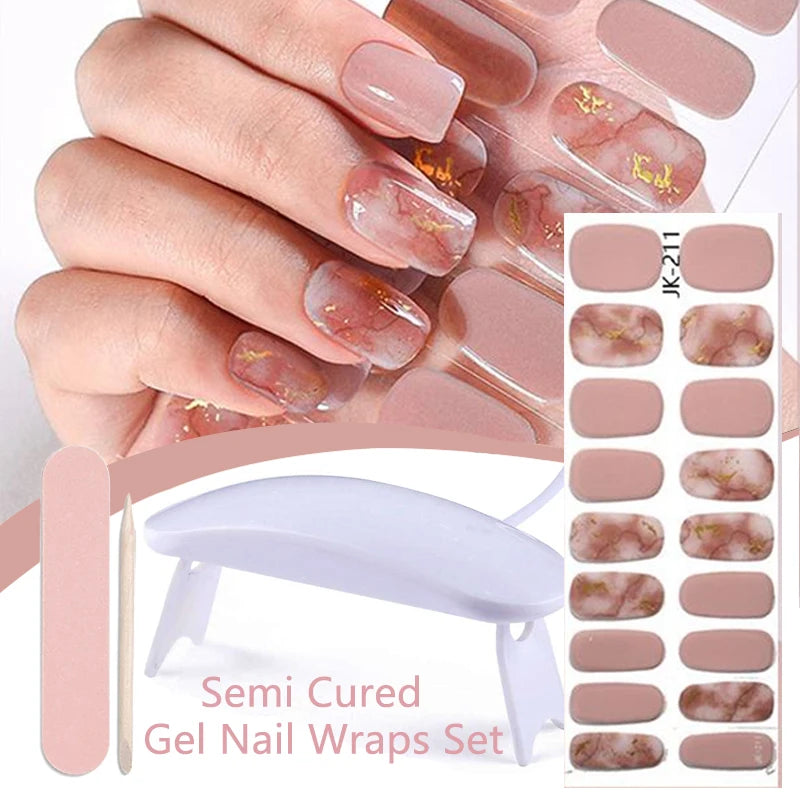 Harunouta 4pcs/set French Semi Cured Gel Nail Strips with Nail Lamp