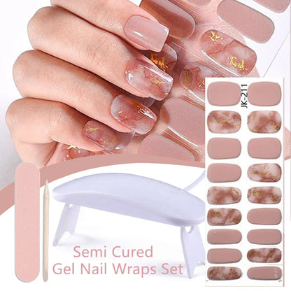 Harunouta 4pcs/set French Semi Cured Gel Nail Strips with Nail Lamp