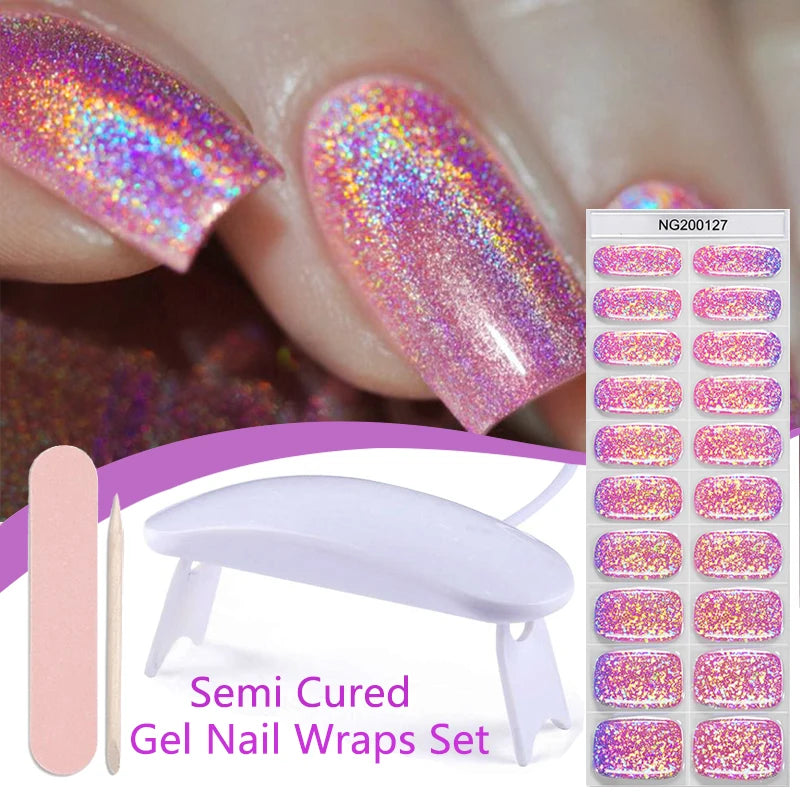 4pcs/set Sparkling Semi Cured Gel Nail Strips with Nail Dry Holographics