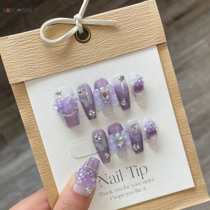 Purple Handmade Nails 3D Flower Butterfly Designs Long Ballerina Press on Nails with Rhinestones