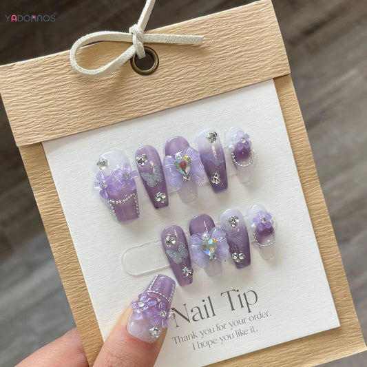 Purple Handmade Nails 3D Flower Butterfly Designs Long Ballerina Press on Nails with Rhinestones