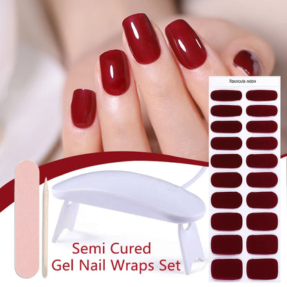 Harunouta 4pcs/set French Semi Cured Gel Nail Strips with Nail Lamp
