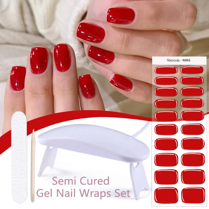 Harunouta 4pcs/set French Semi Cured Gel Nail Strips with Nail Lamp