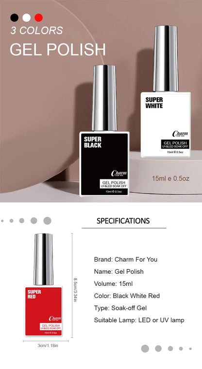 Charm 15ml Classic Gel Nail Polish Vibrant Black, White, and Red Shades