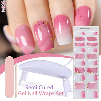 Harunouta 4pcs/set French Semi Cured Gel Nail Strips with Nail Lamp