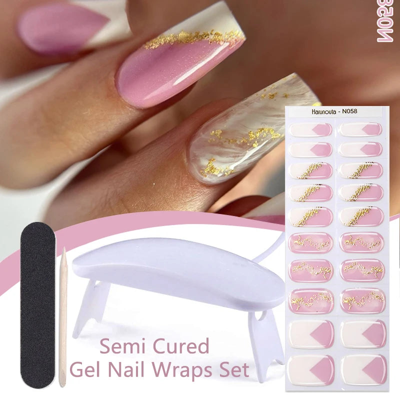 Harunouta 4pcs/set French Semi Cured Gel Nail Strips with Nail Lamp