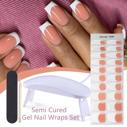 Harunouta 4pcs/set French Semi Cured Gel Nail Strips with Nail Lamp