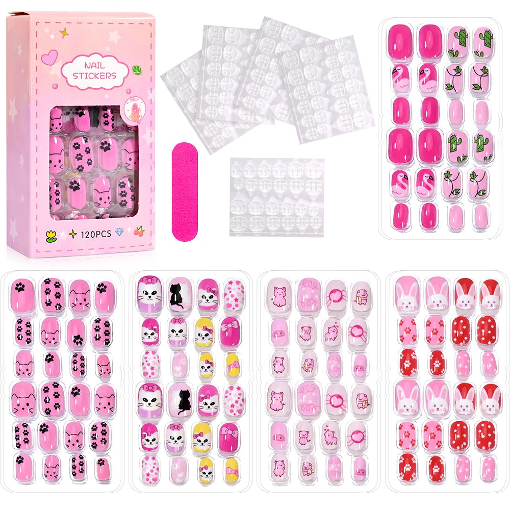 120 Pcs Children's Press on Nails Kids Cartoon Acrylic Fake Nails Tips