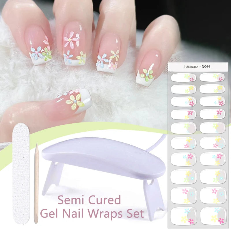 Harunouta 4pcs/set French Semi Cured Gel Nail Strips with Nail Lamp