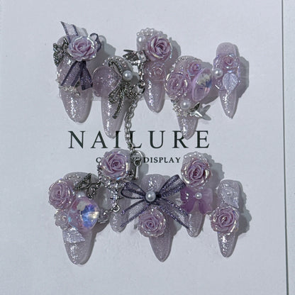 Purple Handmade Nails 3D Flower Butterfly Designs Long Ballerina Press on Nails with Rhinestones