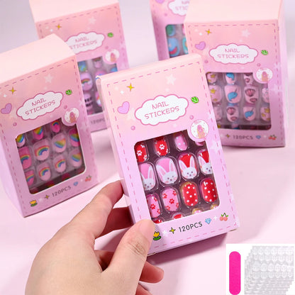 120 Pcs Children's Press on Nails Kids Cartoon Acrylic Fake Nails Tips