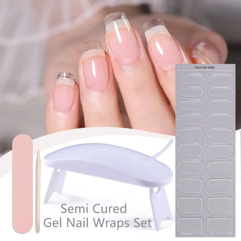 Harunouta 4pcs/set French Semi Cured Gel Nail Strips with Nail Lamp