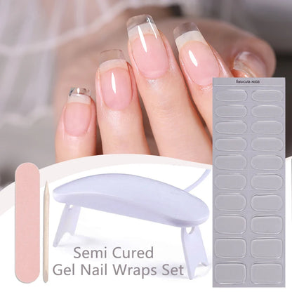 Harunouta 4pcs/set French Semi Cured Gel Nail Strips with Nail Lamp