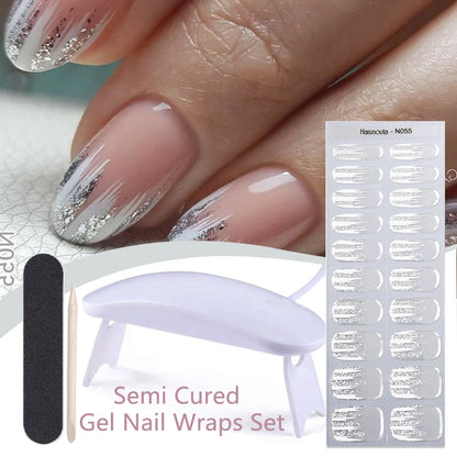 Harunouta 4pcs/set French Semi Cured Gel Nail Strips with Nail Lamp