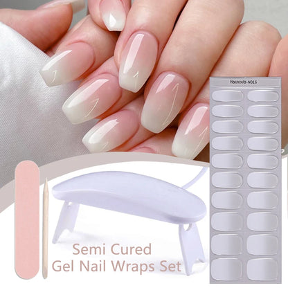 Harunouta 4pcs/set French Semi Cured Gel Nail Strips with Nail Lamp