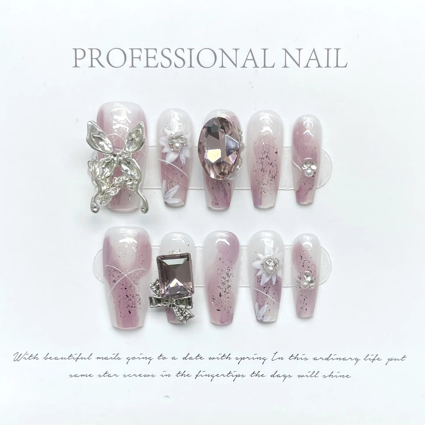 Purple Handmade Nails 3D Flower Butterfly Designs Long Ballerina Press on Nails with Rhinestones