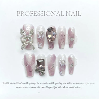 Purple Handmade Nails 3D Flower Butterfly Designs Long Ballerina Press on Nails with Rhinestones