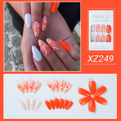 24Pc Simple French Medium length False Nails with Rhinestone