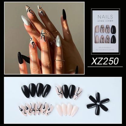 24Pc Simple French Medium length False Nails with Rhinestone