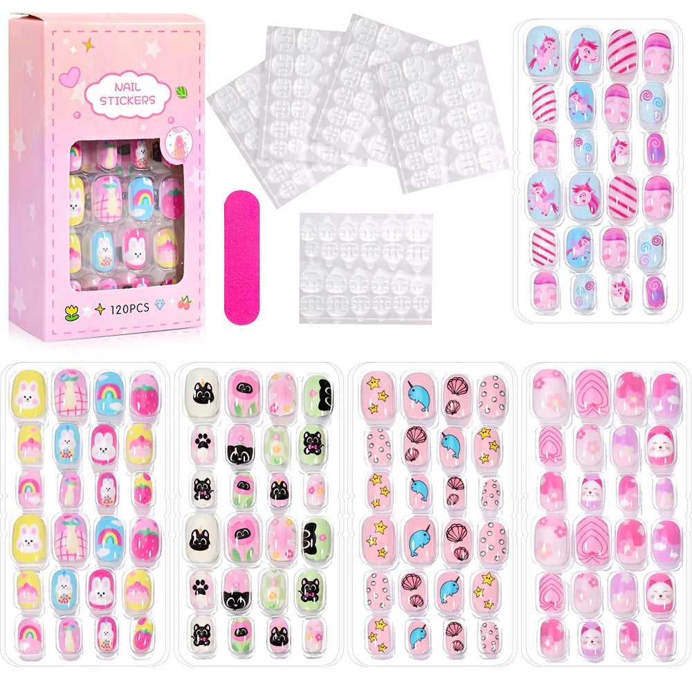 120 Pcs Children's Press on Nails Kids Cartoon Acrylic Fake Nails Tips