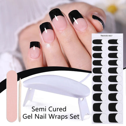 Harunouta 4pcs/set French Semi Cured Gel Nail Strips with Nail Lamp