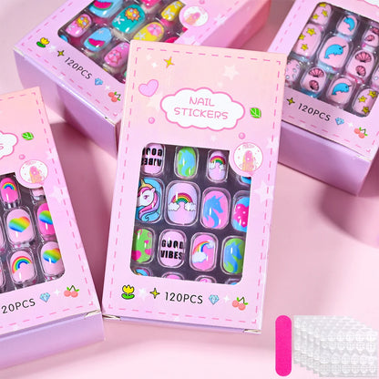 120 Pcs Children's Press on Nails Kids Cartoon Acrylic Fake Nails Tips