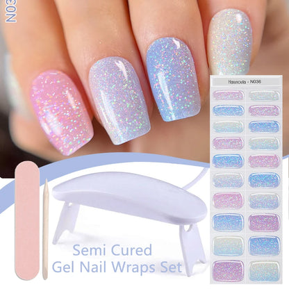 4pcs/set Sparkling Semi Cured Gel Nail Strips with Nail Dry Holographics