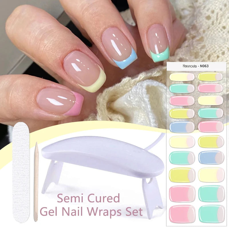 Harunouta 4pcs/set French Semi Cured Gel Nail Strips with Nail Lamp